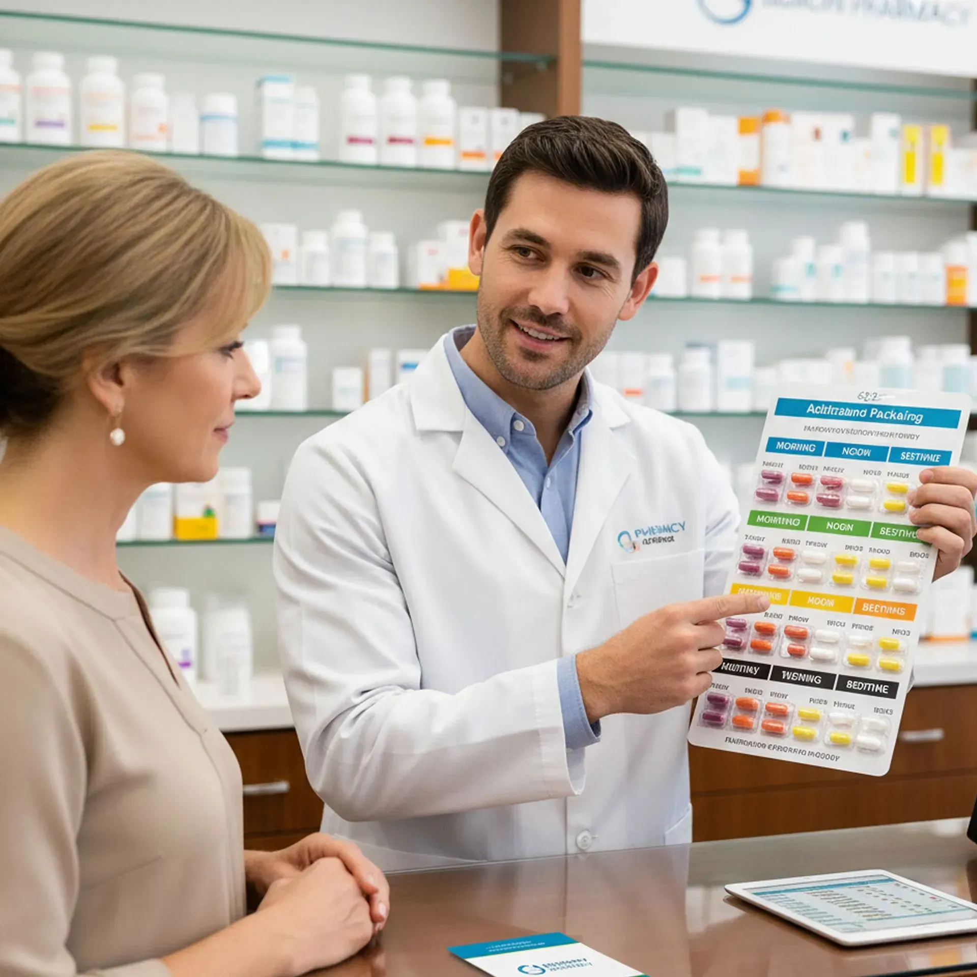 Pharmacist showing a pill organizer to a customer in a pharmacy.