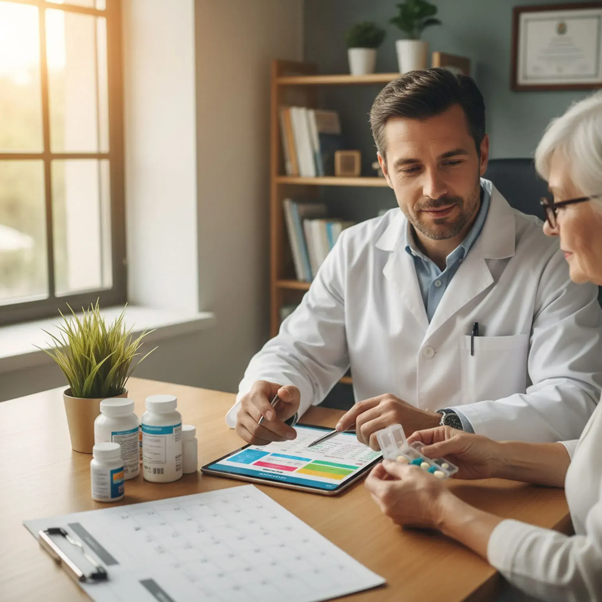 Doctor showing medication to a patient, using tablet; in an office setting.