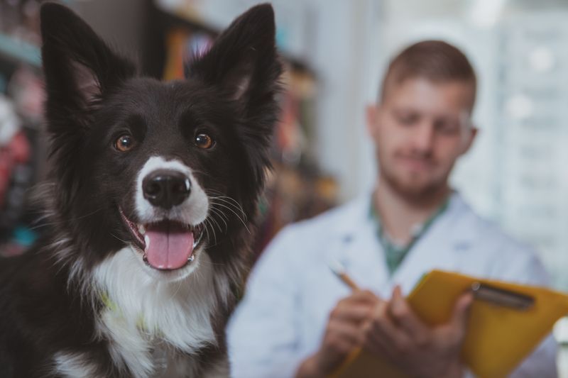 Border Collie at vet's office, looking at the camera with a smiling expression; vet in background taking notes.