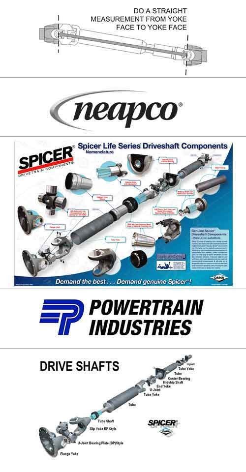Diagrams and logos for Neapco, Spicer, and Powertrain Industries drive shafts. Diagrams and logos for Neapco, Spicer, and Powertrain Industries drive shafts.