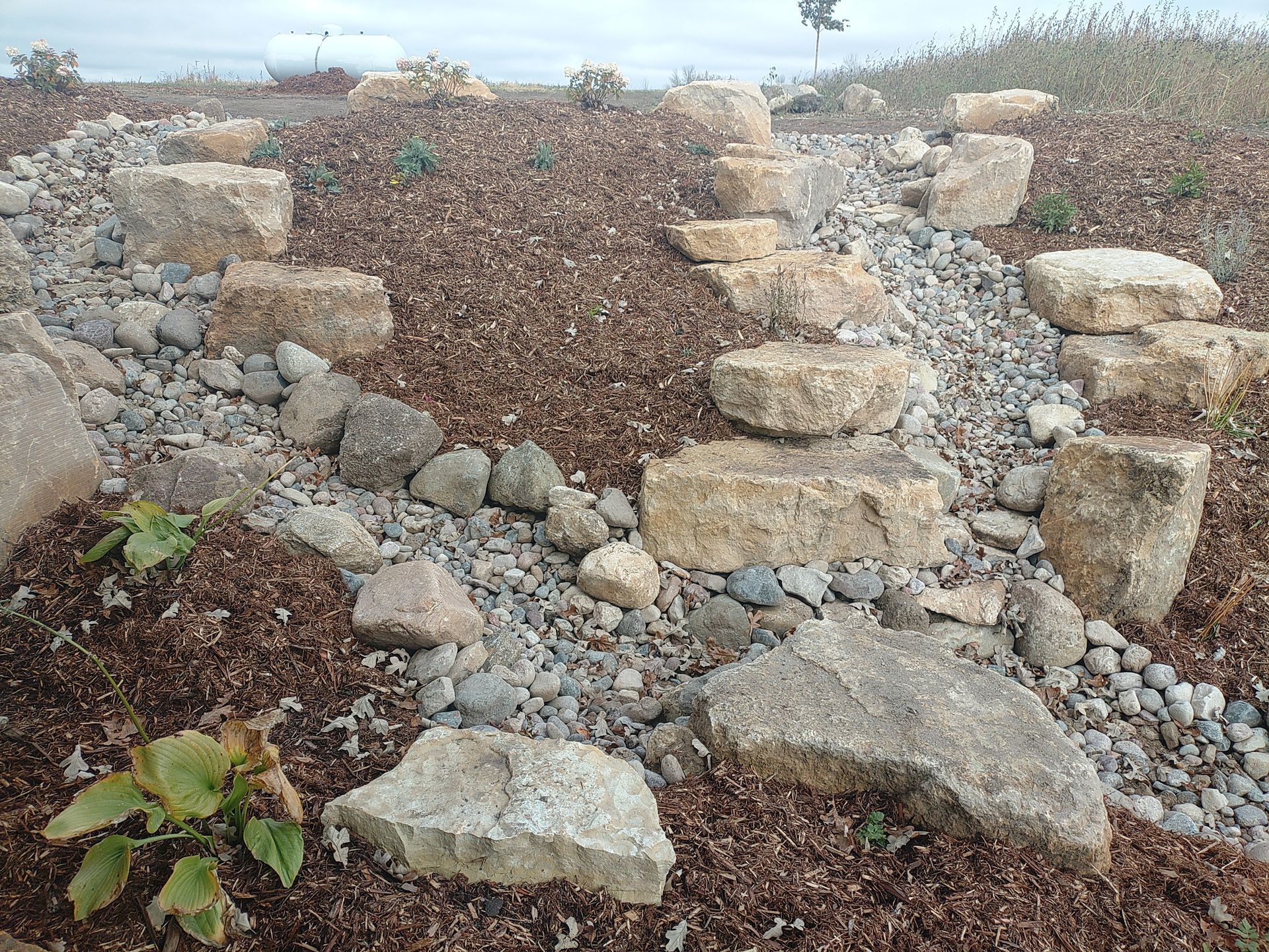 A narrow stream of water winds through a green grassy field under sunlight.