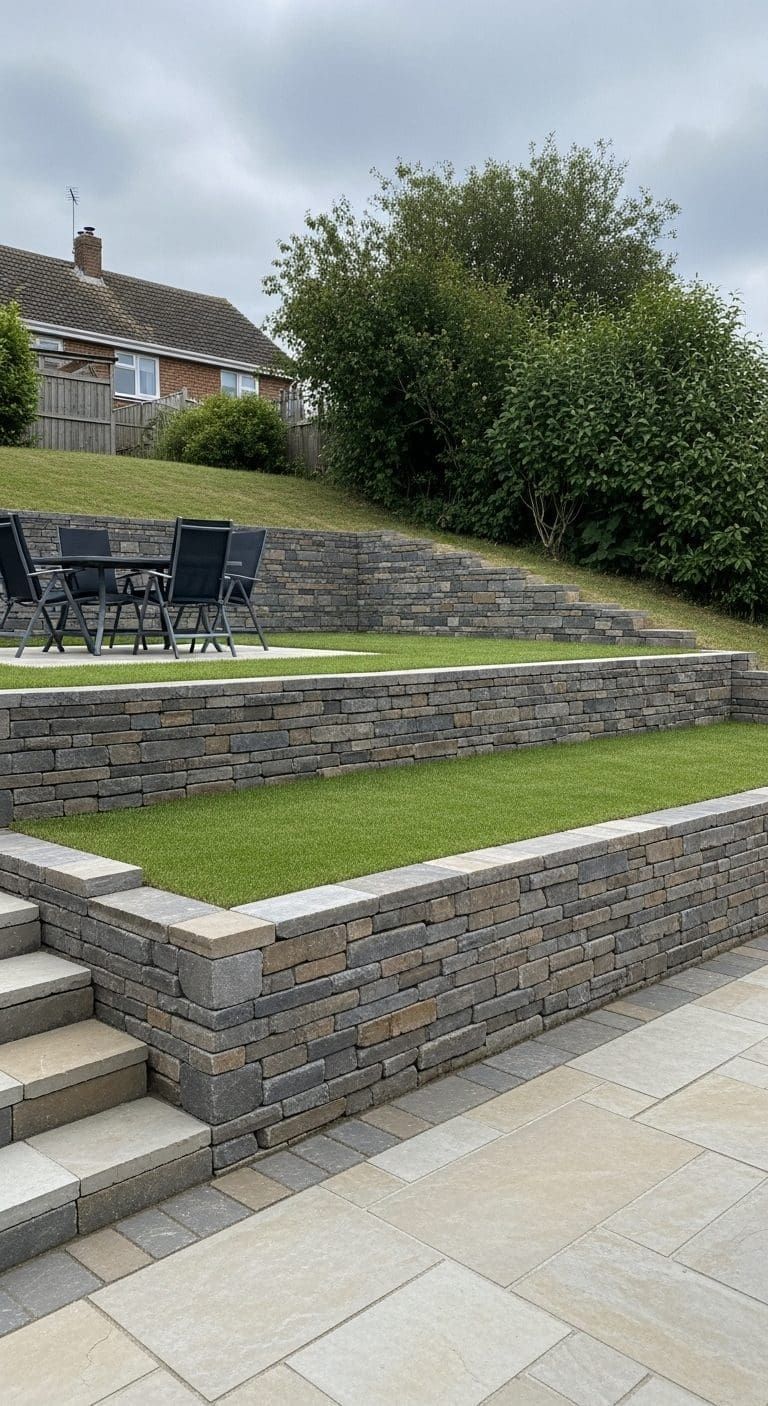 Stone wall bordering water, with a hedge above.