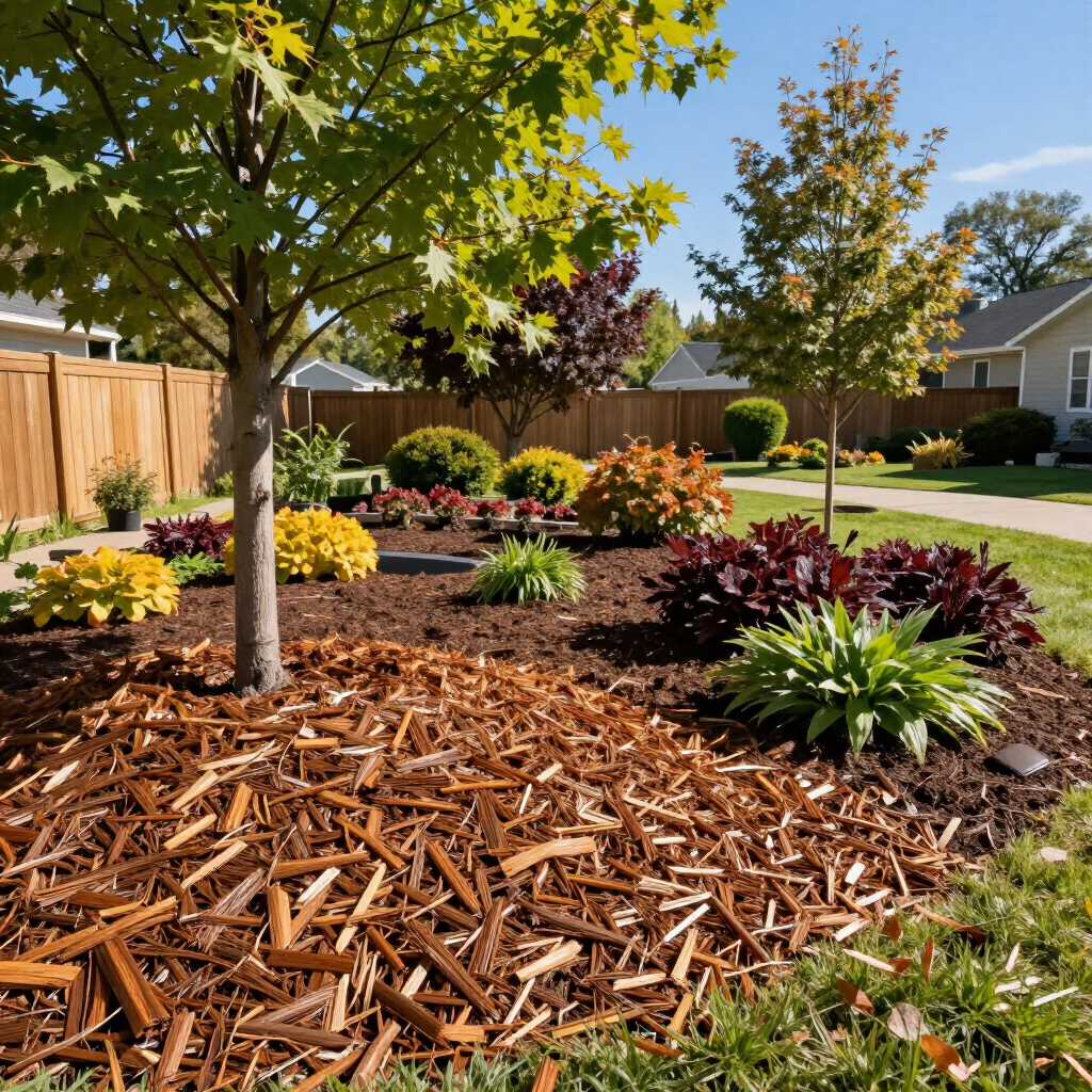 Landscaped suburban yard with mulched flower beds, young trees, and colorful shrubs in sunlight