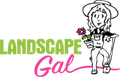 Landscape Gal logo: Cartoon woman in overalls holding a flower pot, leaning on a gardening tool.