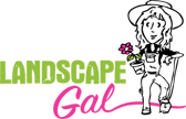 Landscape Gal logo: Cartoon woman in overalls holding a flower pot, leaning on a gardening tool.