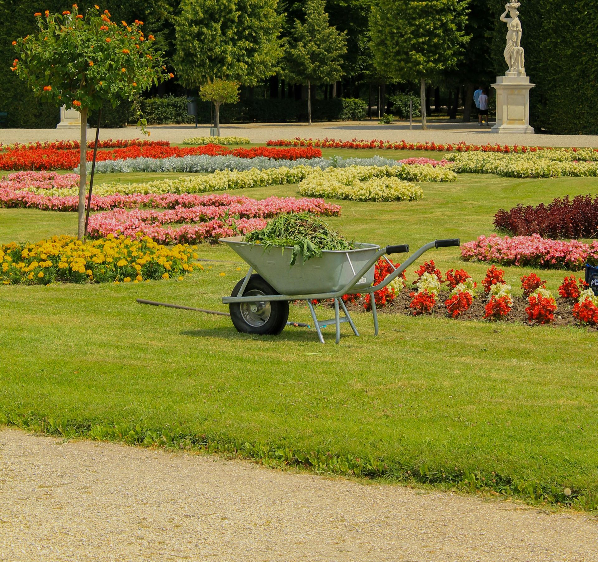 A wheelbarrow filled with garden clippings sits on a green lawn amidst colorful flower beds in a formal garden.