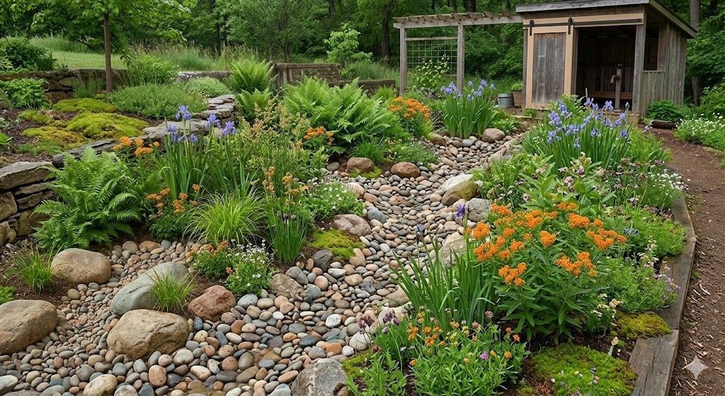 A rocky dry creek bed garden features vibrant orange daylilies, green ferns, and purple irises near a wooden shed.