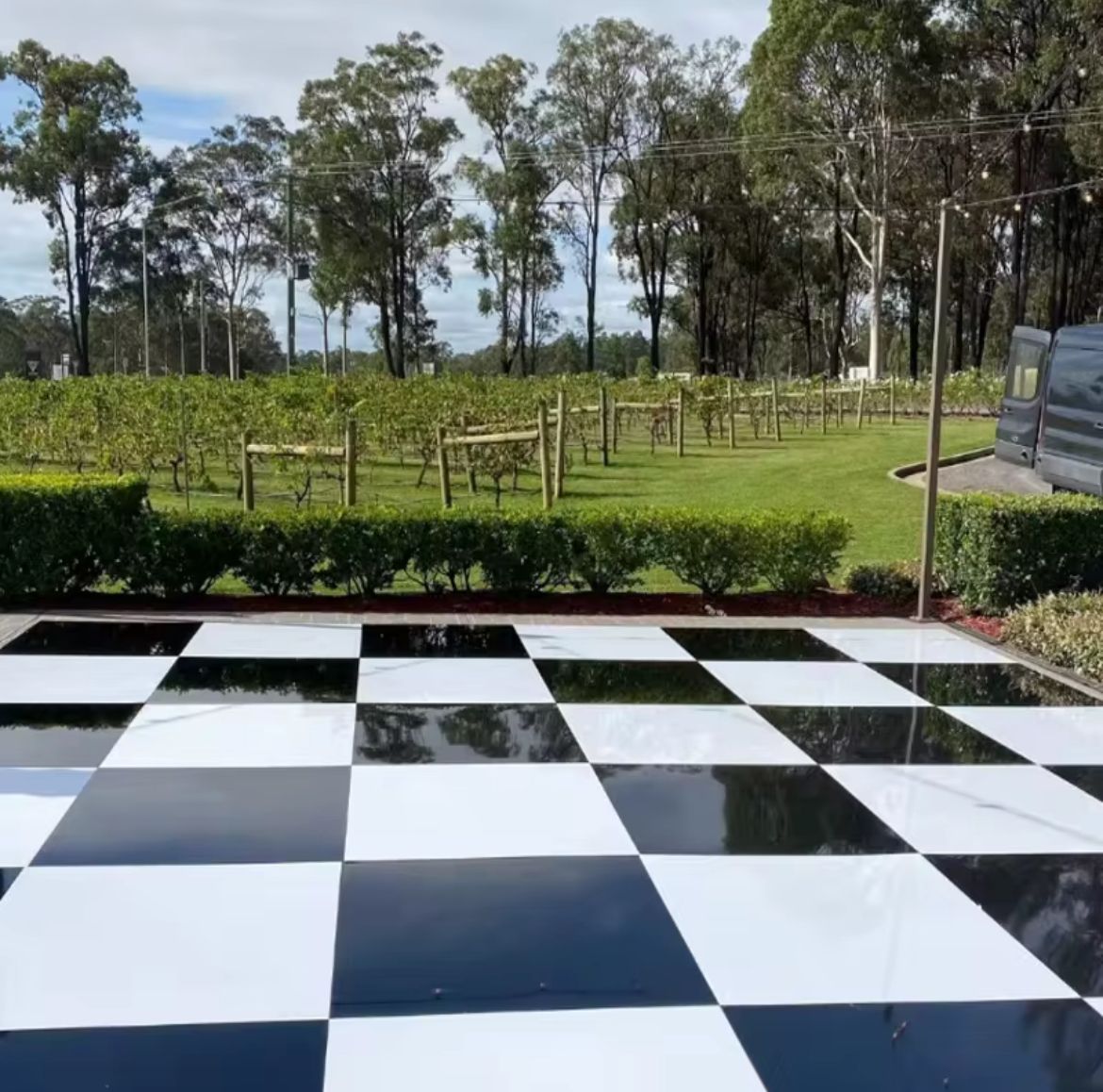 checkerboard dance floor rental in Chicago creating a stunning party atmosphere