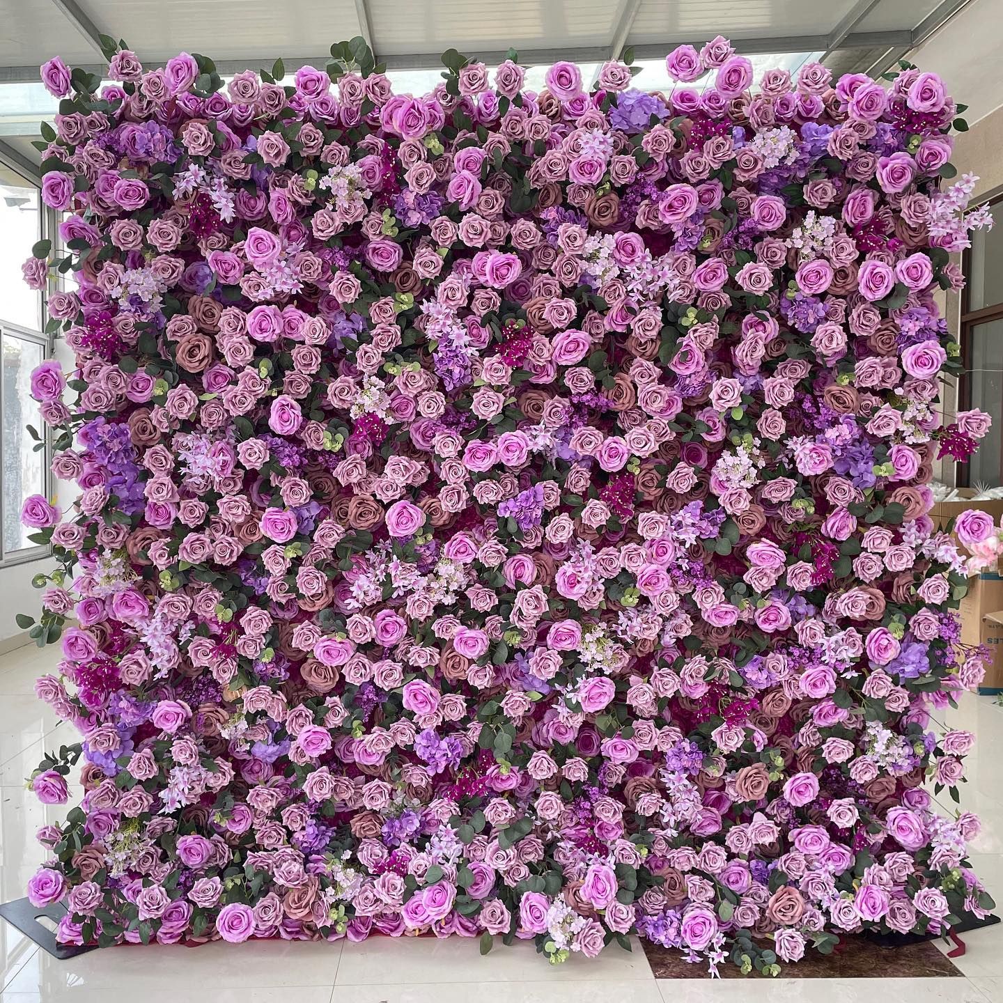 Purple Artificial Silk  Flower Wall Backdrop Rental