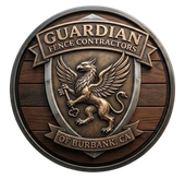 Round bronze-and-wood Guardian Fence Contractors emblem with winged griffin and &ldquo;of Burbank, CA&rdquo; banner