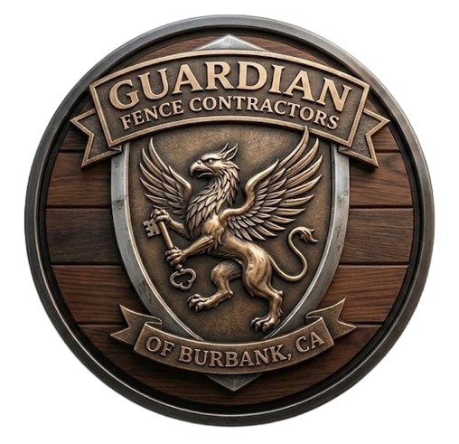 Round bronze-and-wood Guardian Fence Contractors emblem with winged griffin and &ldquo;of Burbank, CA&rdquo; banner