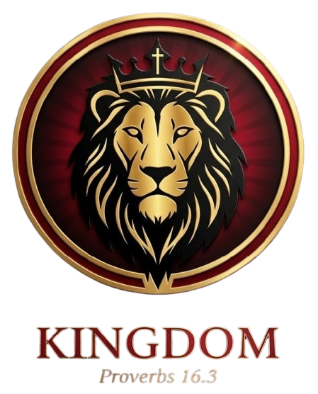 Gold lion with crown on red backdrop in a gold-rimmed circle, "Kingdom" text below.