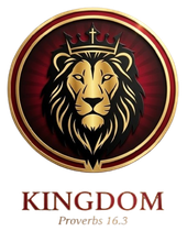 Gold lion with crown on red backdrop in a gold-rimmed circle, "Kingdom" text below.