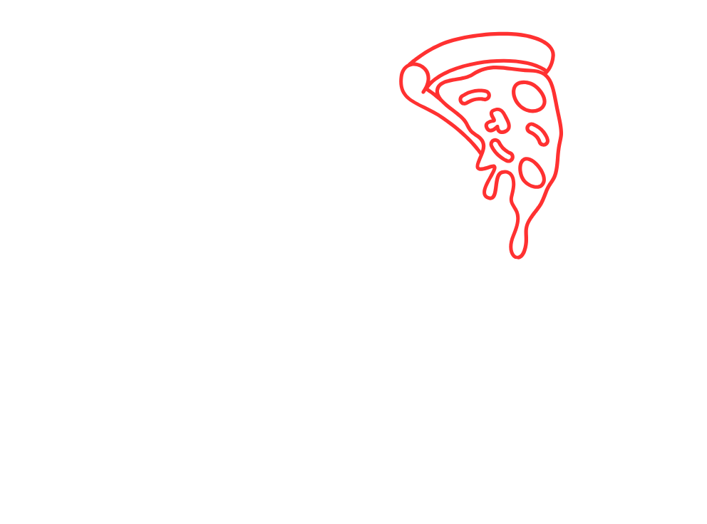 Red outline of a pizza slice with cheese dripping down.