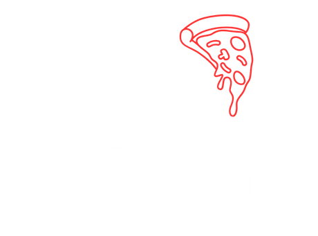 Red outline of a pizza slice with cheese dripping down.