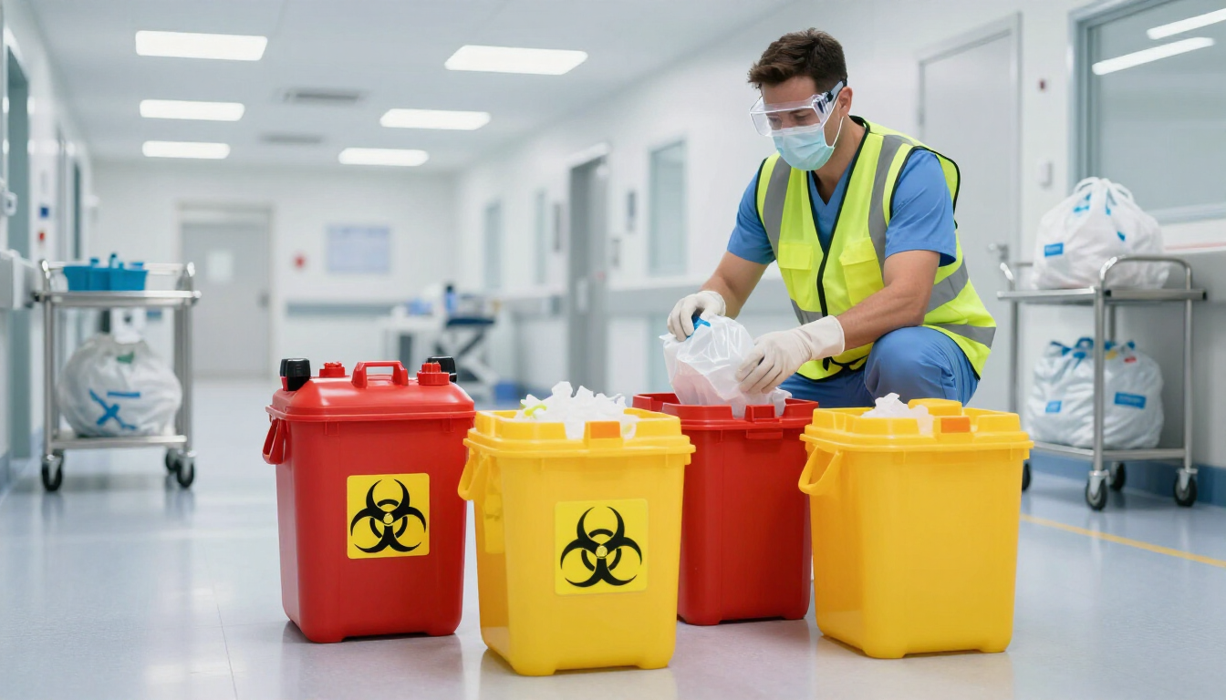 Un operatore sanitario, indossando dispositivi di protezione individuale, getta i rifiuti sanitari in un cestino in un corridoio dell'ospedale, insieme ai contenitori per rifiuti biologici pericolosi di colore rosso e giallo.