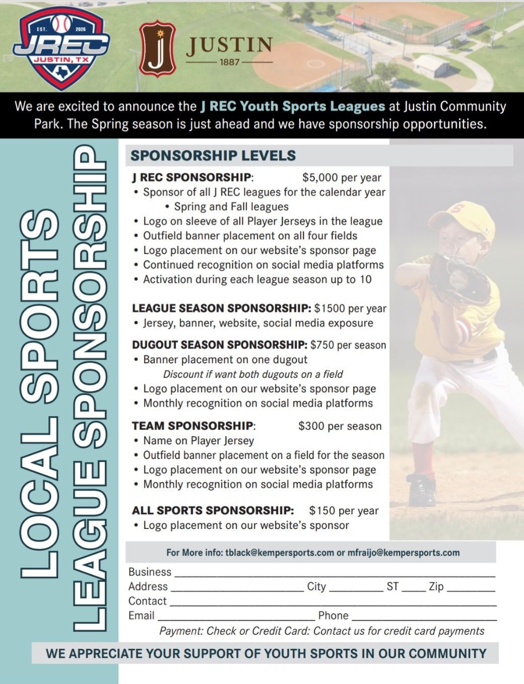 Poster for JREC youth sports league sponsorship levels, with logo, text, and soccer player graphic