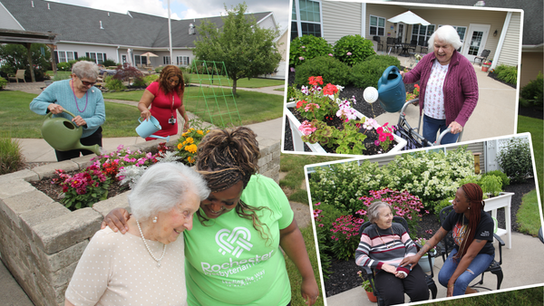 a brick building with green awnings on the front of it