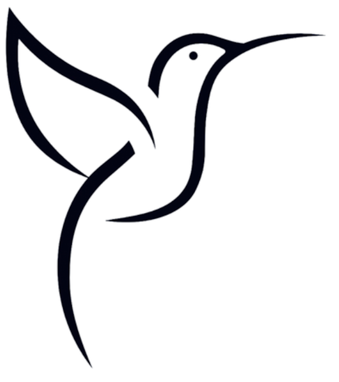 Black hummingbird in flight, stylized line drawing.