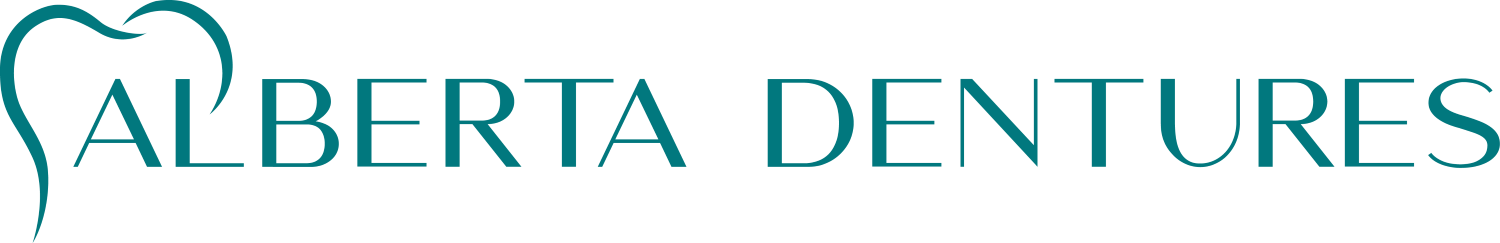 Alberta Dentures logo with teal text and a stylized dental arch icon