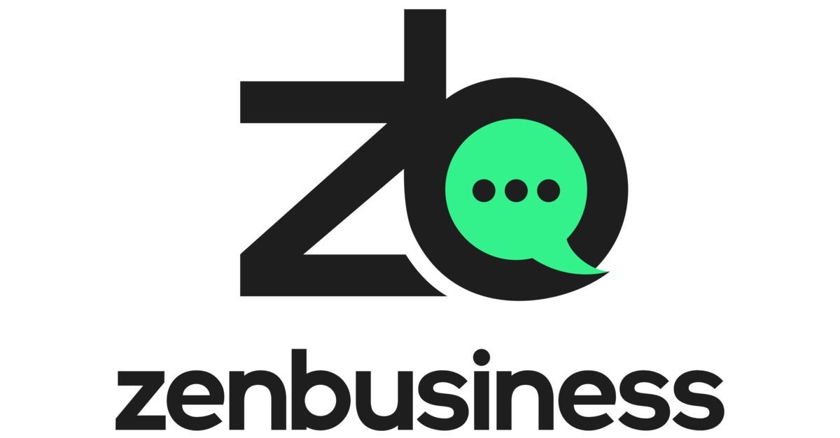 Zenbusiness logo with black text and a green speech bubble icon