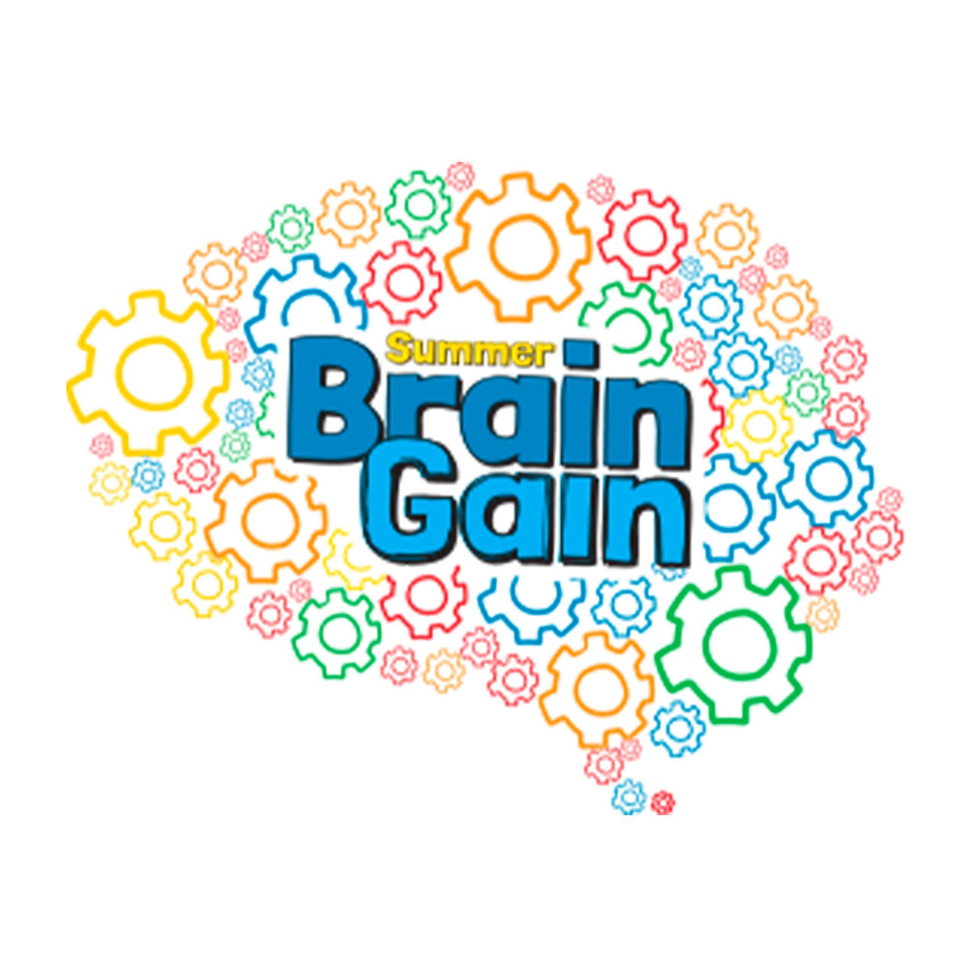 Colorful “Summer Brain Gain” text surrounded by multicolored gear icons