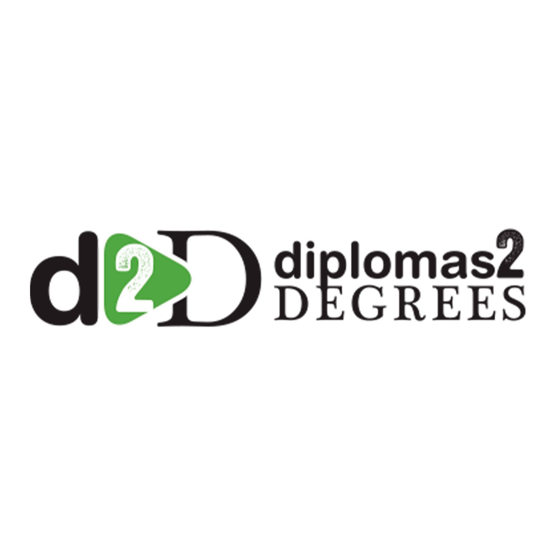Diplomas2Degrees logo in black and green with stylized d2D text