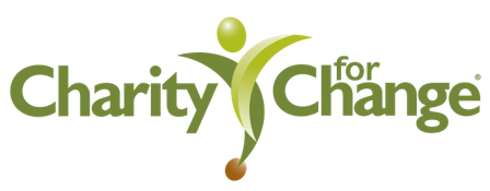 Charity for Change logo in green and brown with a stylized figure between the words