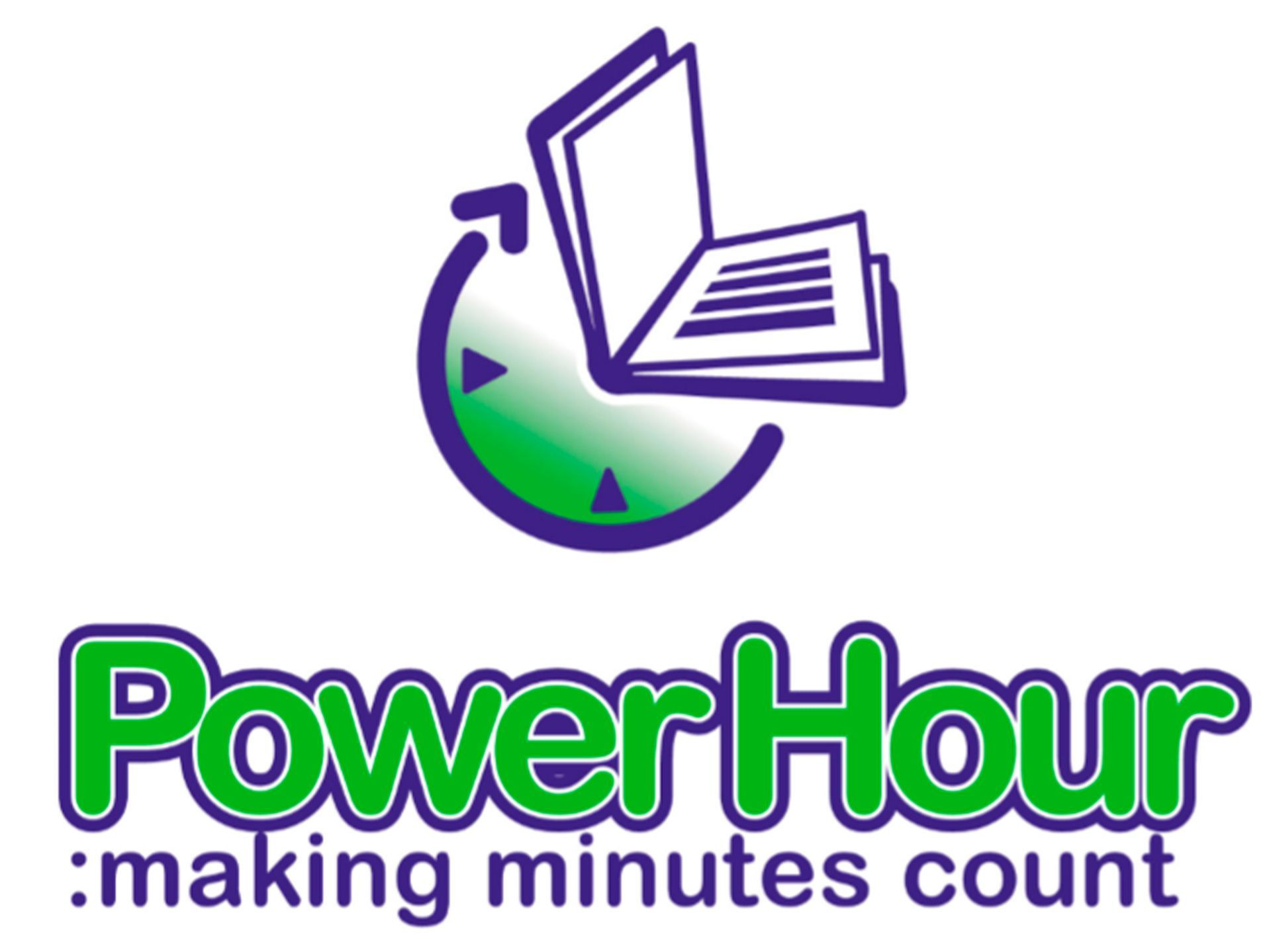 PowerHour logo with clock and open book, green and purple text “making minutes count”