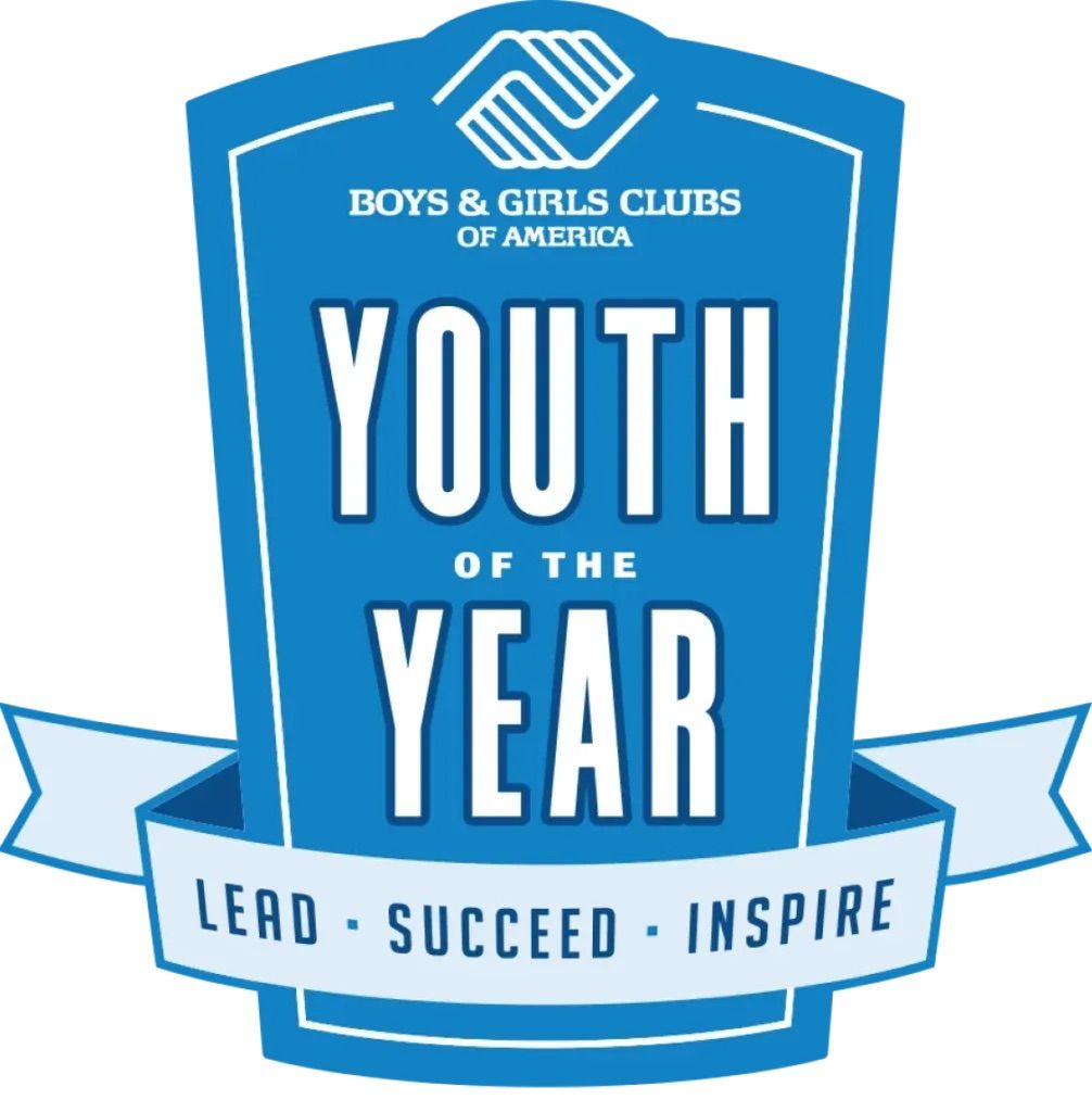 Boys & Girls Clubs of America Youth of the Year blue award badge with “Lead • Succeed • Inspire” ribbon