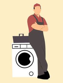 A man is standing next to a washing machine with his arms crossed.