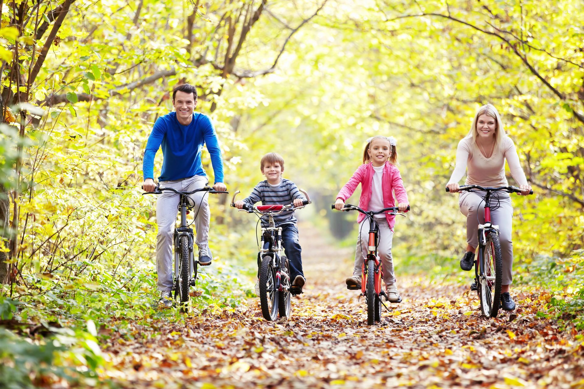 A family is riding bicycles down a path in the woods.
