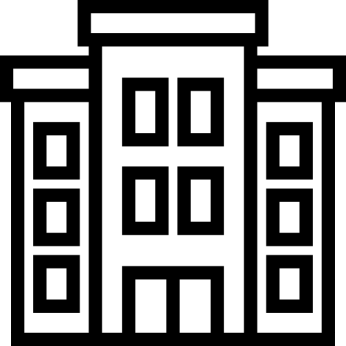 A black and white icon of a building with squares on it.