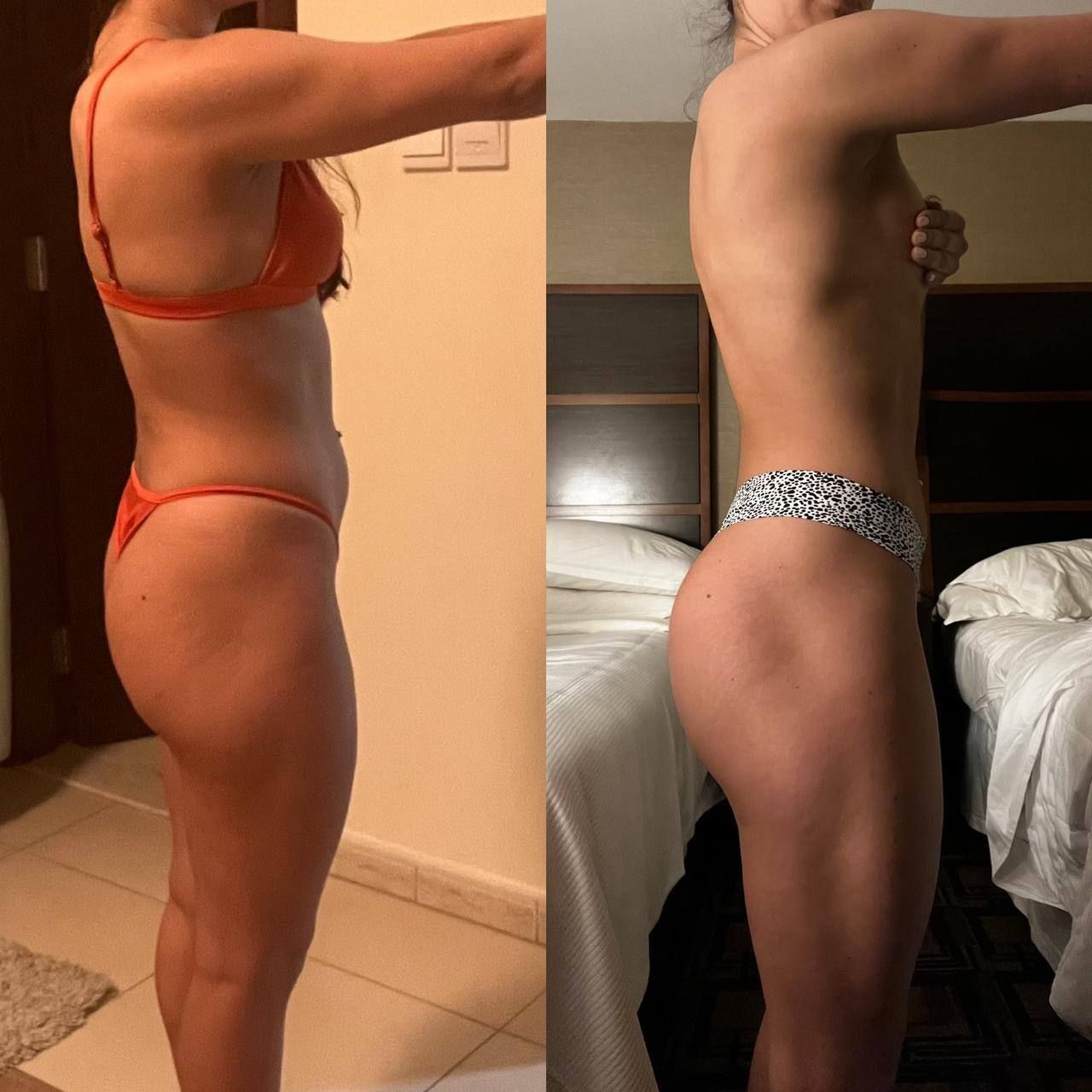 A woman in a bikini is shown before and after losing weight