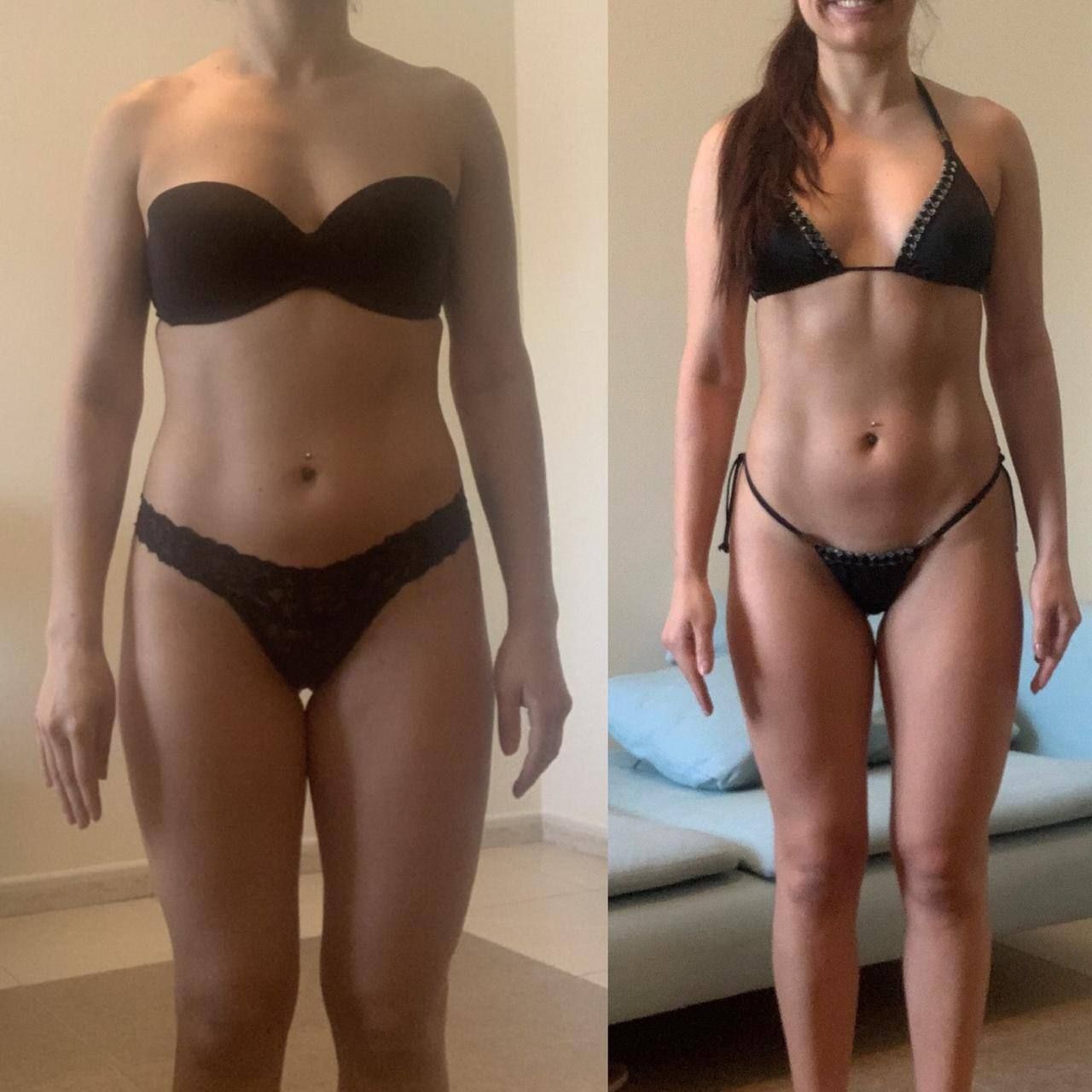 A woman in a bikini is shown before and after losing weight