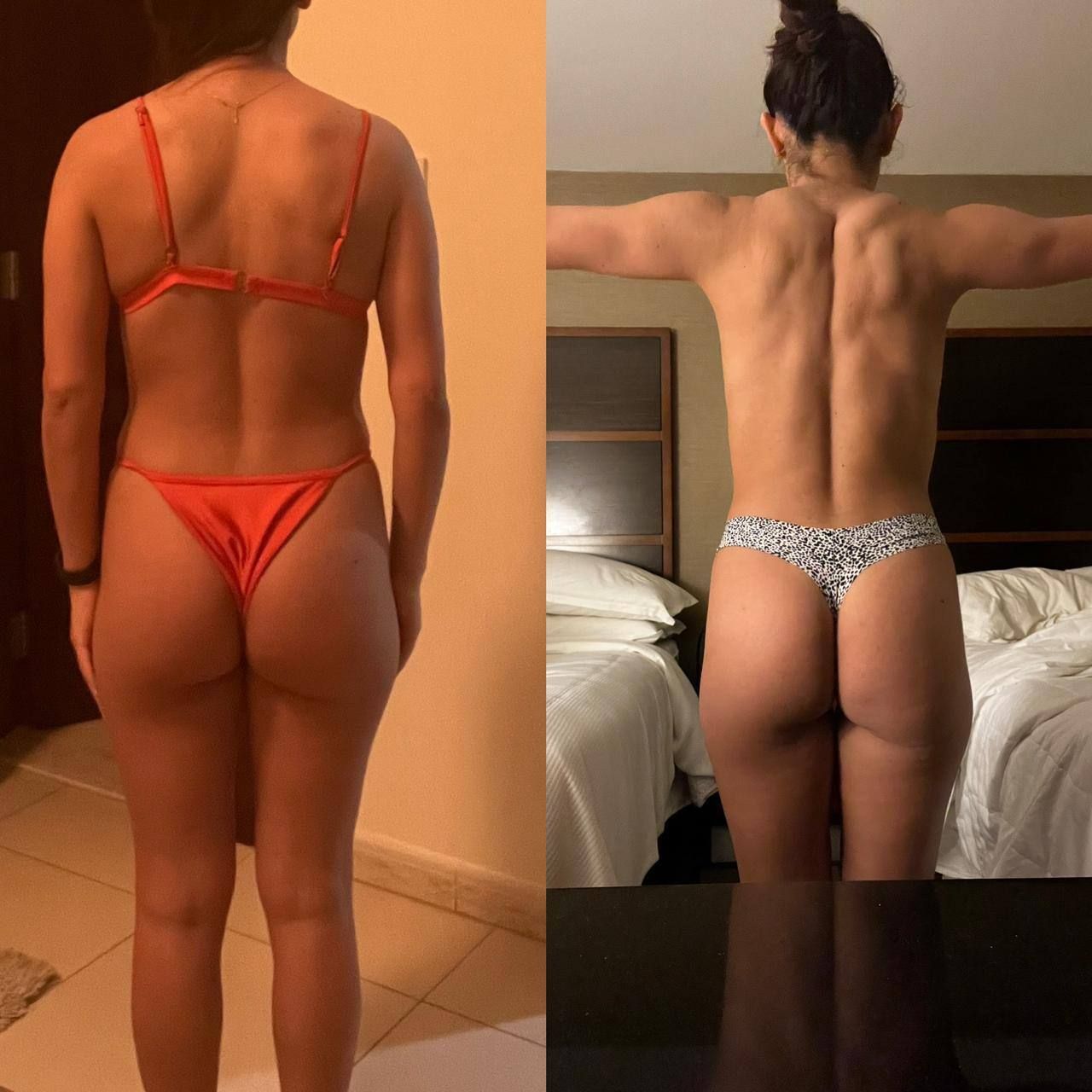 A woman in a bikini is standing next to a bed