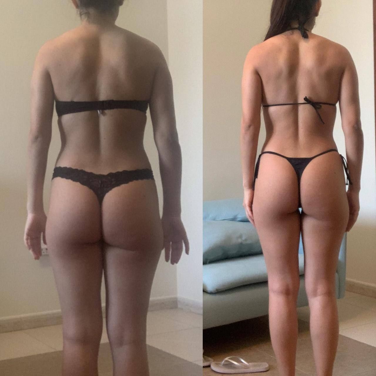 A woman in a bikini is shown before and after losing weight