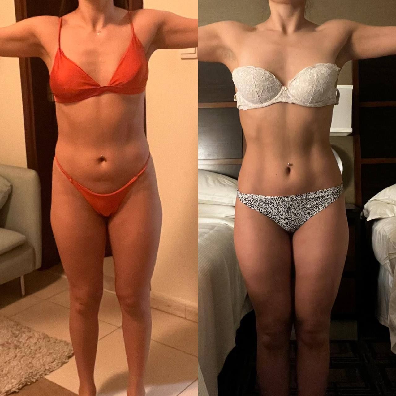 A woman in a bikini is shown before and after losing weight