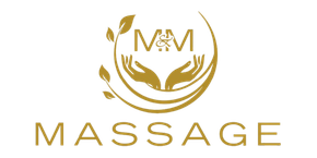 Logo of "MM Massage" in gold with hands and leaves, text "MASSAGE" below.