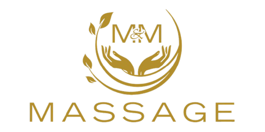 Logo of "MM Massage" in gold with hands and leaves, text "MASSAGE" below.
