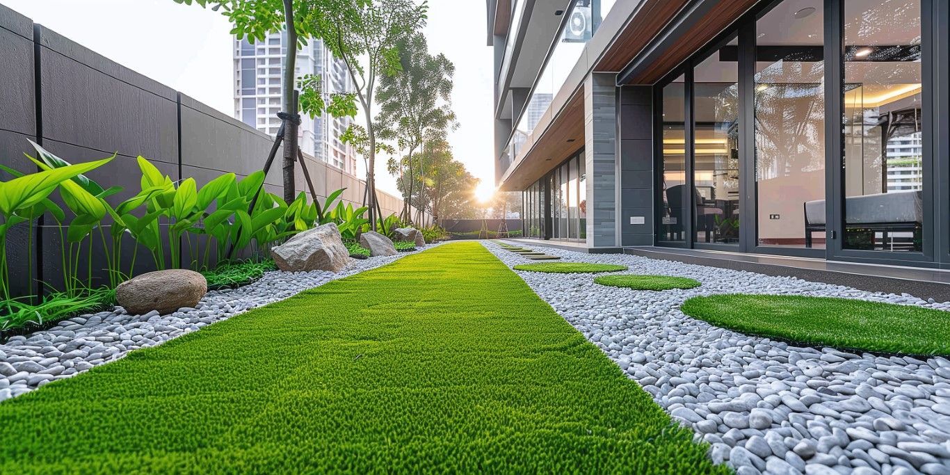 A lush green lawn with rocks and grass in front of a building.