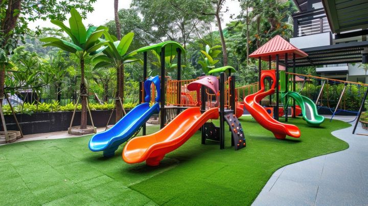 A colorful playground with slides and swings in a park.