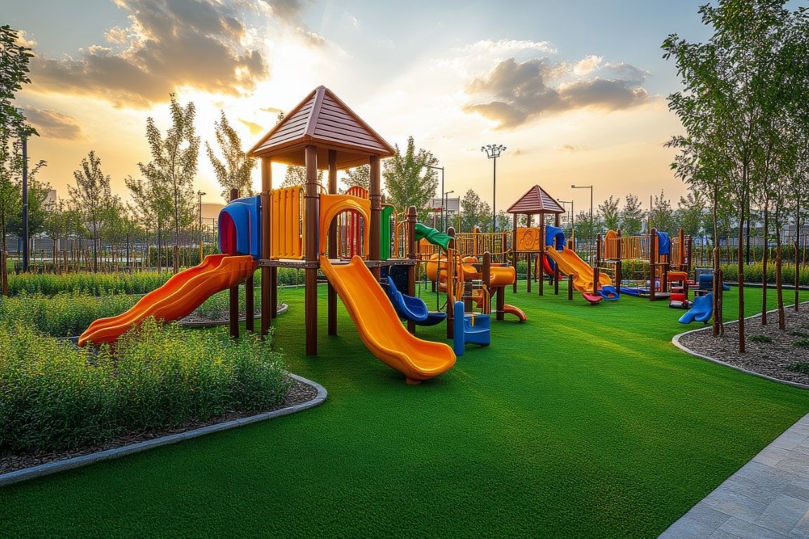 A colorful playground in a park with a sunset in the background.