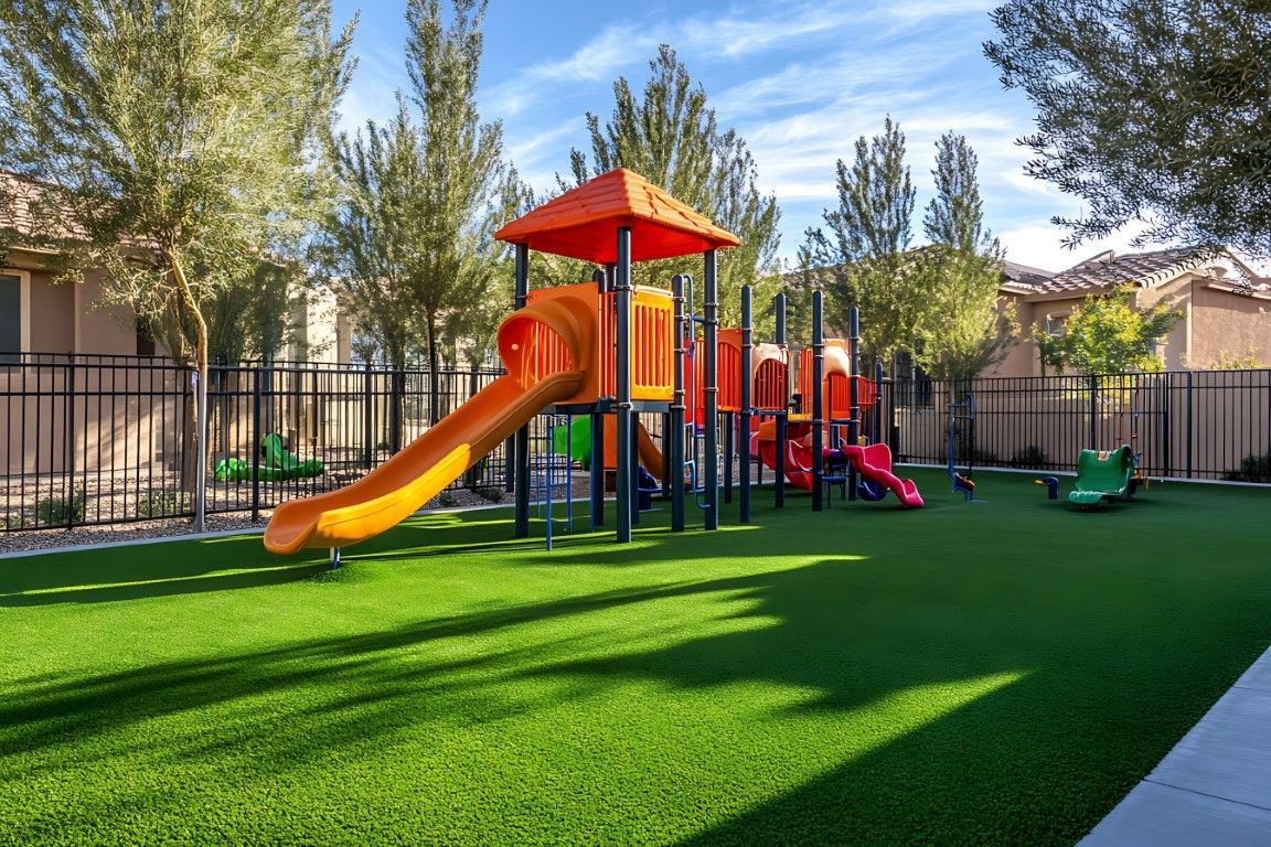 A colorful playground with a slide and swings in a grassy area.
