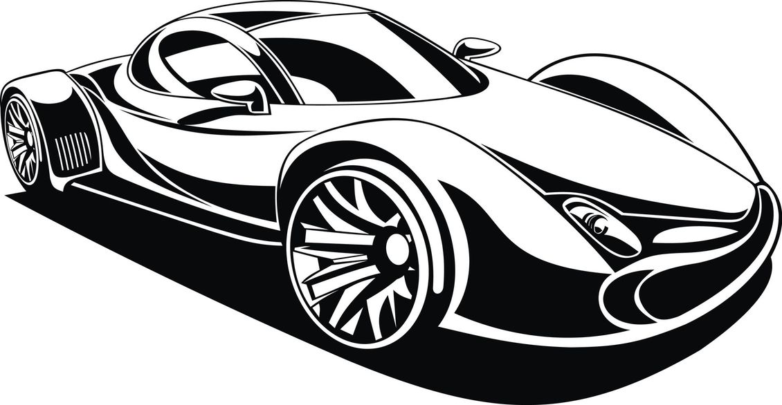 Elegante auto sportiva bianca e nera inclinata verso destra, con ruote grandi e curve morbide.