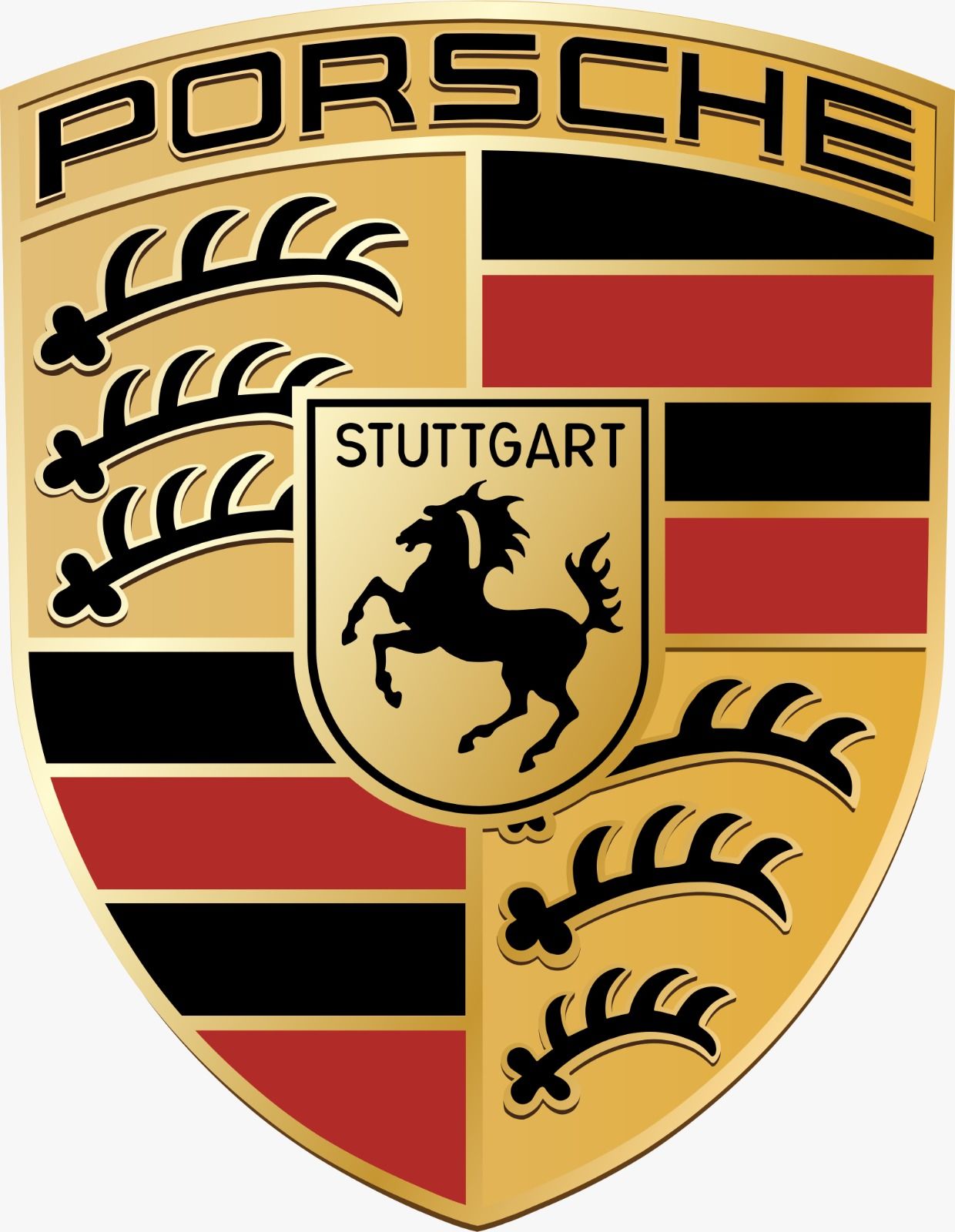 Logo Porsche: stemma dorato con cavallo nero, etichetta "Stuttgart", strisce rosse/nere e "PORSCHE" in alto.