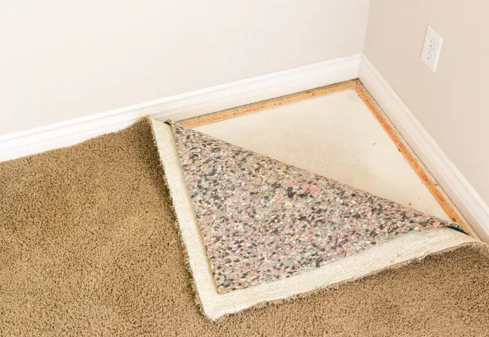 A piece of carpet is sitting in the corner of a room.