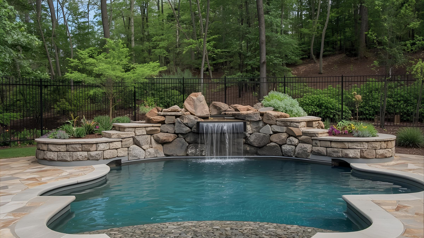 Pool with waterfall feature, surrounded by stone and greenery; backyard setting.