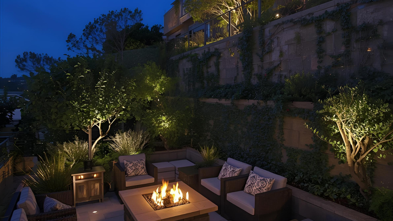 Nighttime patio with lit fire pit and seating, lush greenery on retaining wall.