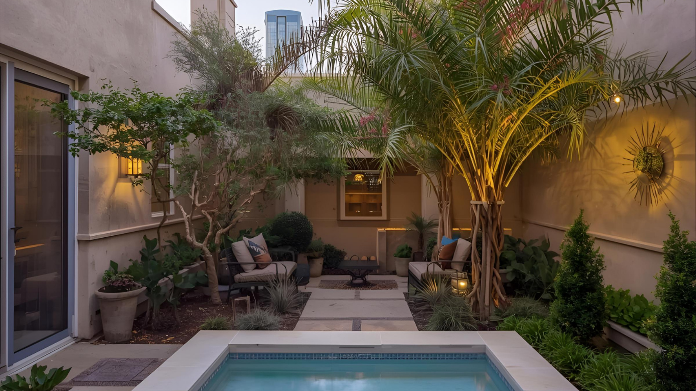 A small outdoor courtyard with a pool, seating area, and lush landscaping under evening lighting.